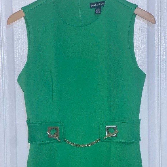 Halston Women's Kelly Parakeet Green Gold Hardware Toggle Belt Dress Crew - Picture 6 of 9